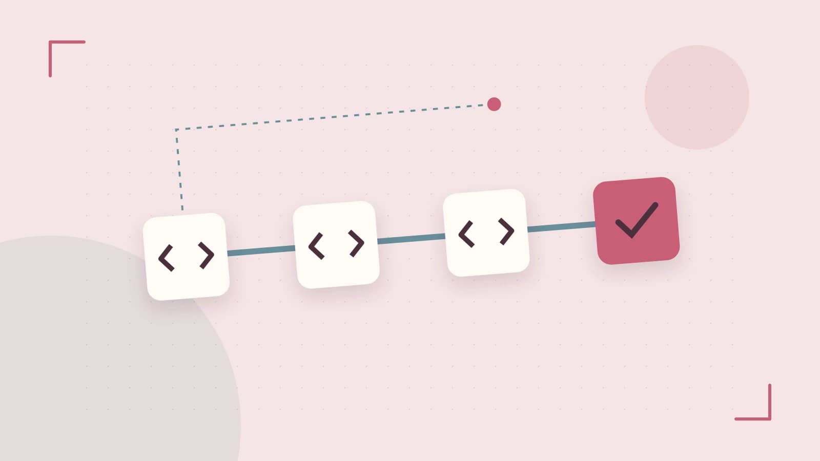 Editorial illustration of a branching build pipeline, staged transformations and a completed check