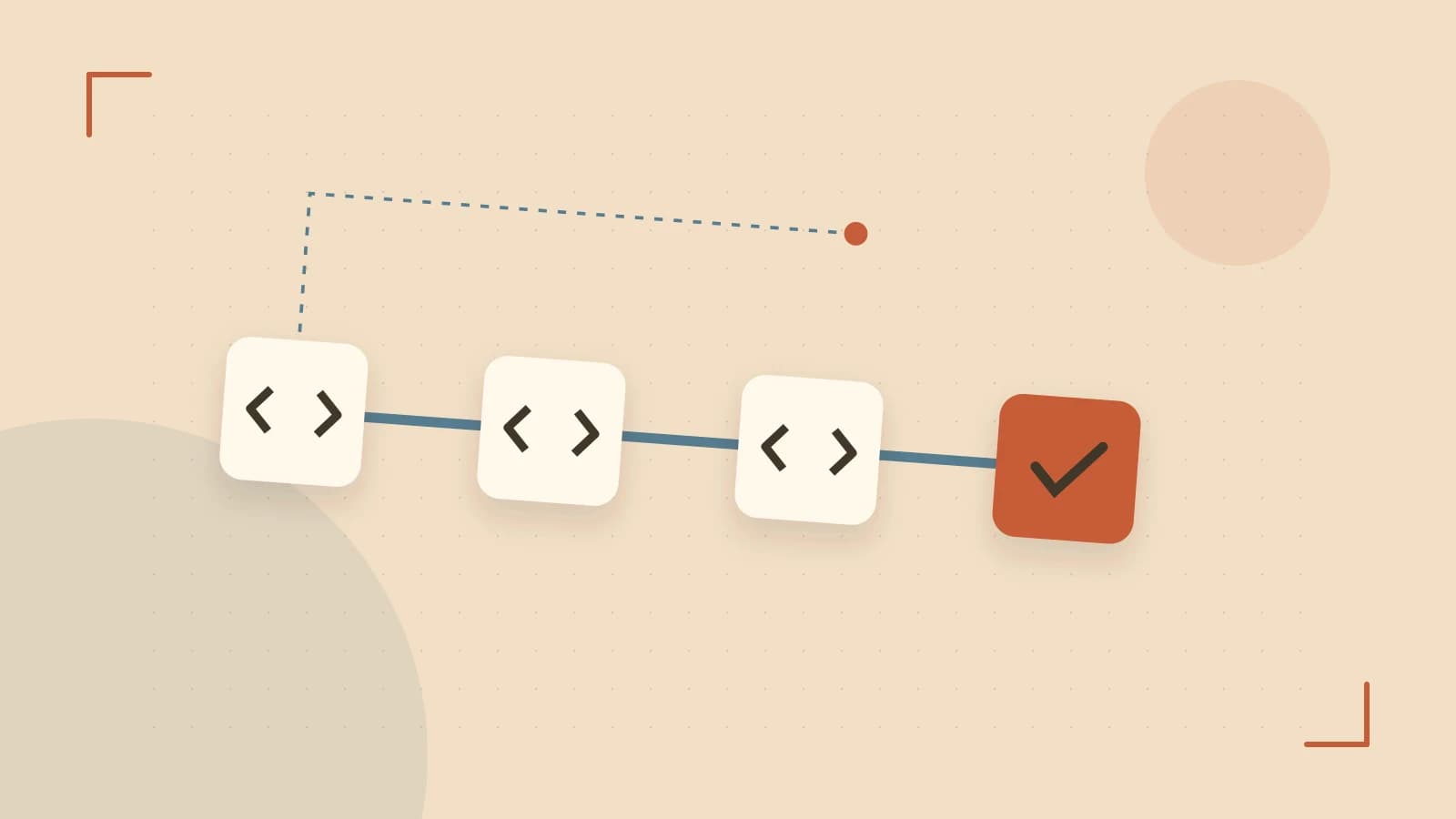 Editorial illustration of a branching build pipeline, staged transformations and a completed check