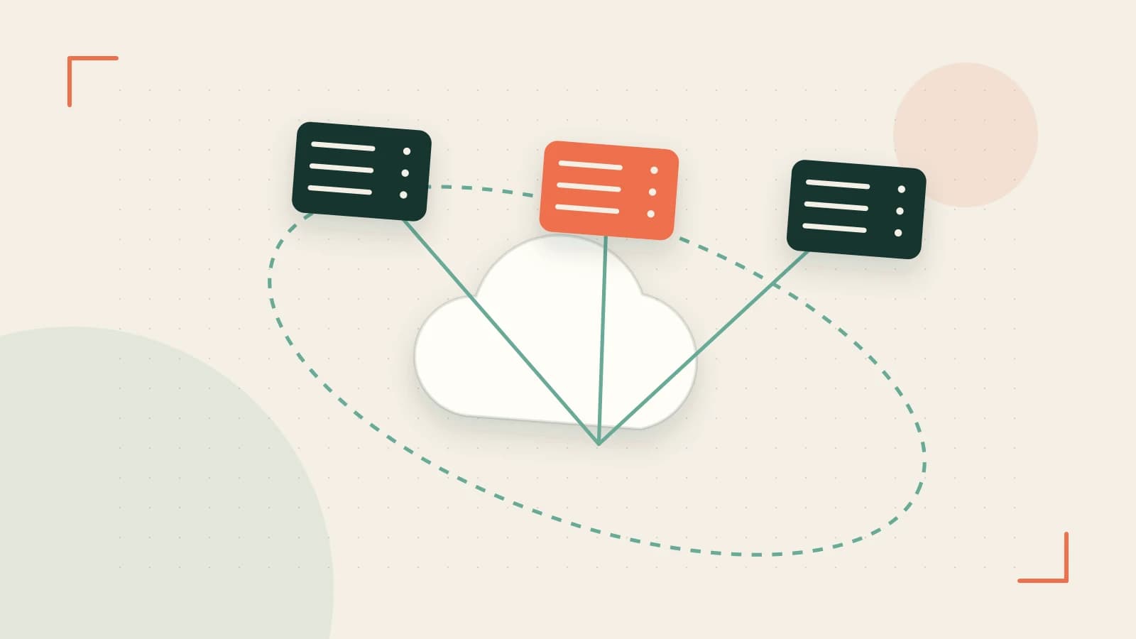 Editorial illustration of cloud infrastructure, connected server racks and an orbital service map