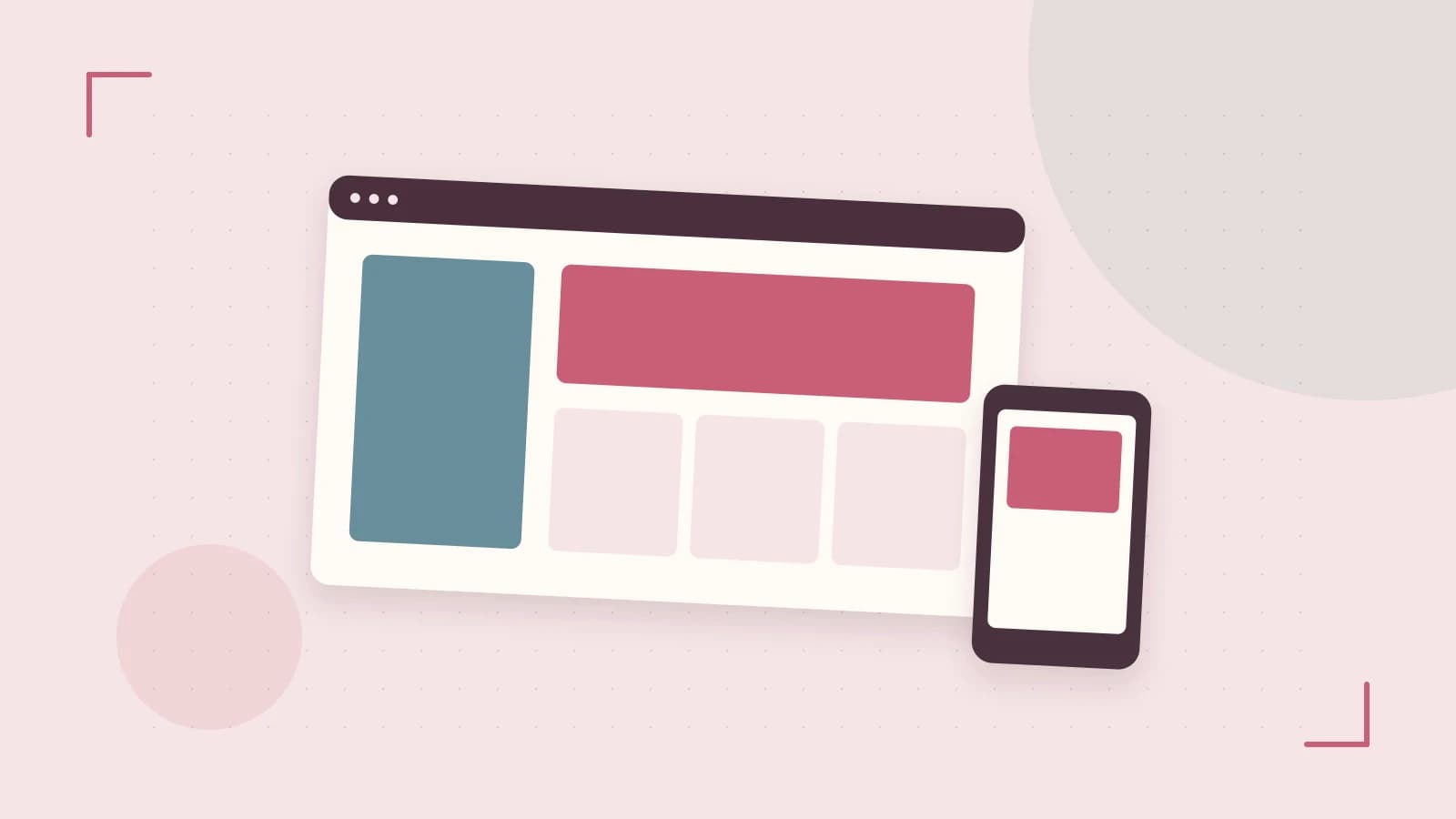 Editorial illustration of responsive browser layouts, overlapping design components and a color system