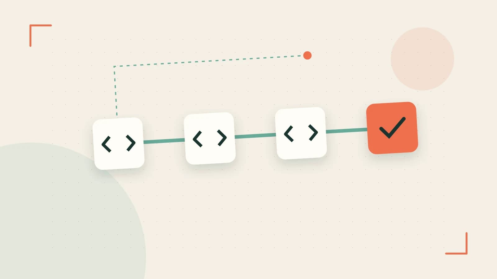 Editorial illustration of a branching build pipeline, staged transformations and a completed check