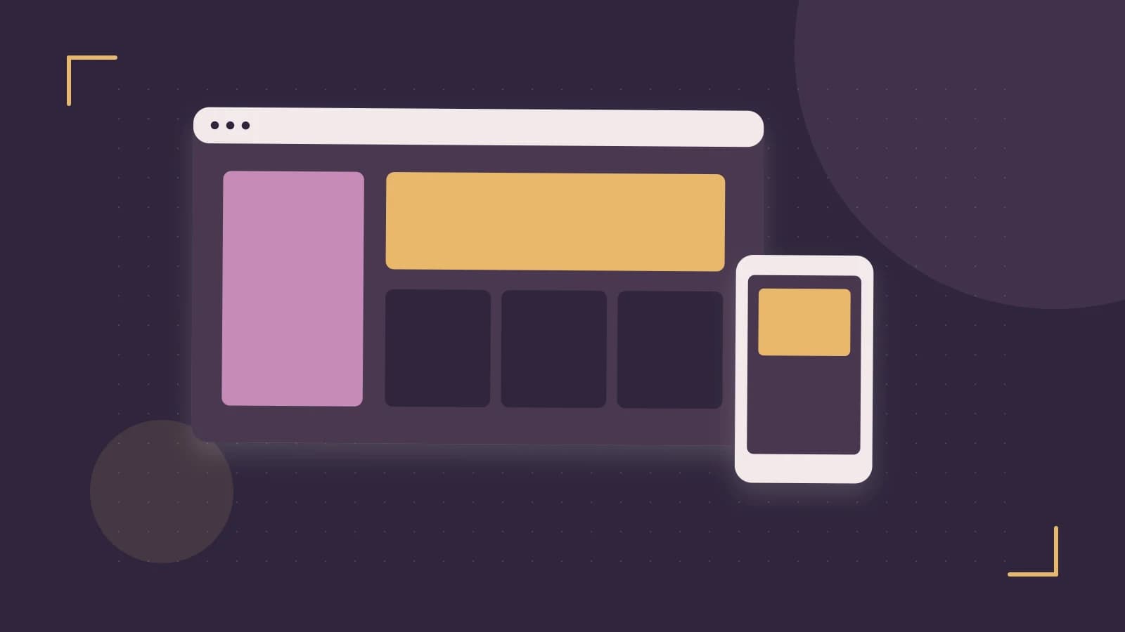 Editorial illustration of responsive browser layouts, overlapping design components and a color system