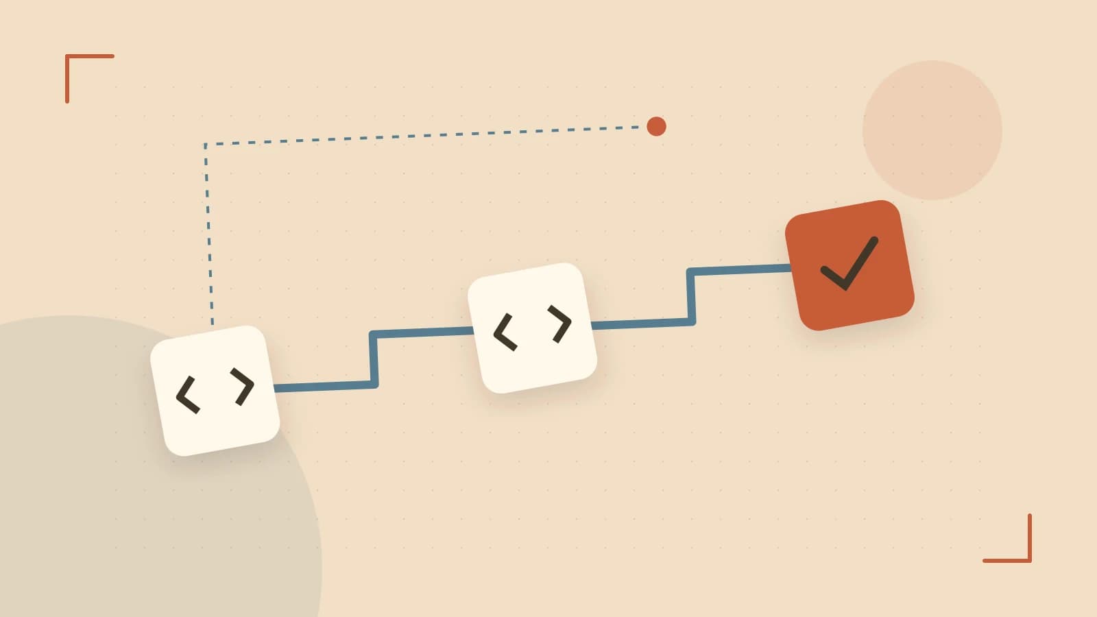 Editorial illustration of a branching build pipeline, staged transformations and a completed check