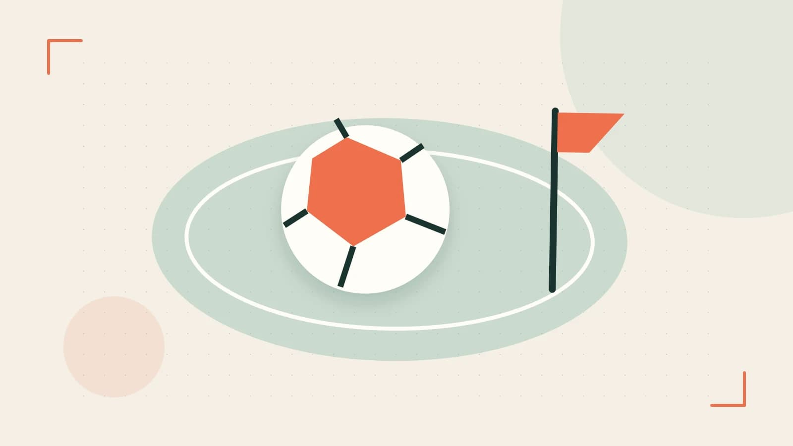 Editorial illustration of a stylized sports ball, stadium geometry and dynamic arcs