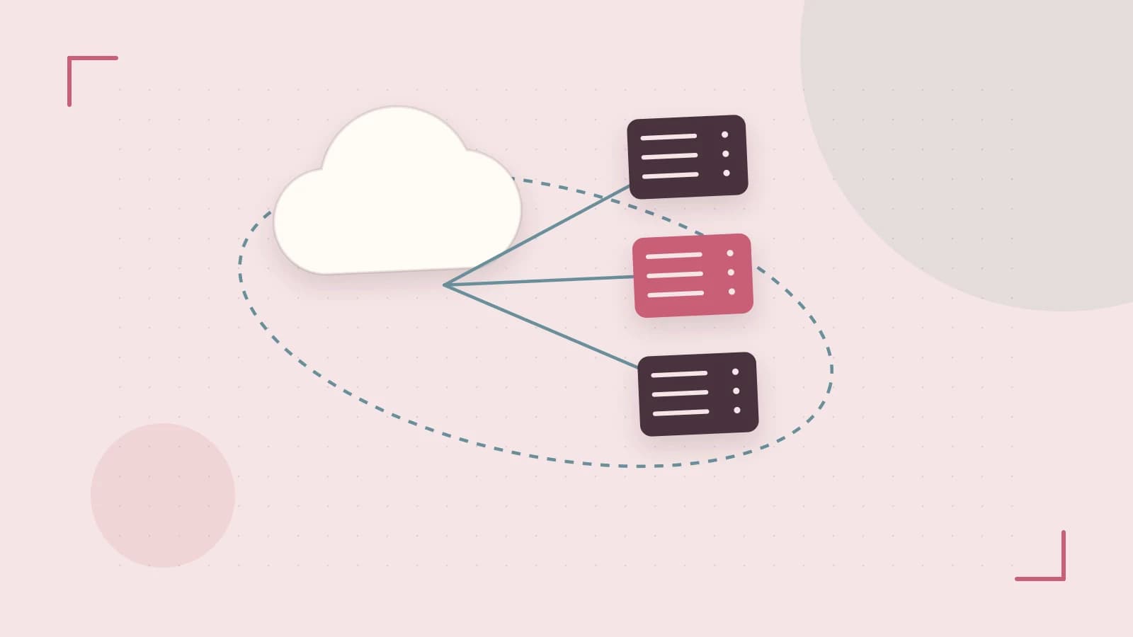 Editorial illustration of cloud infrastructure, connected server racks and an orbital service map