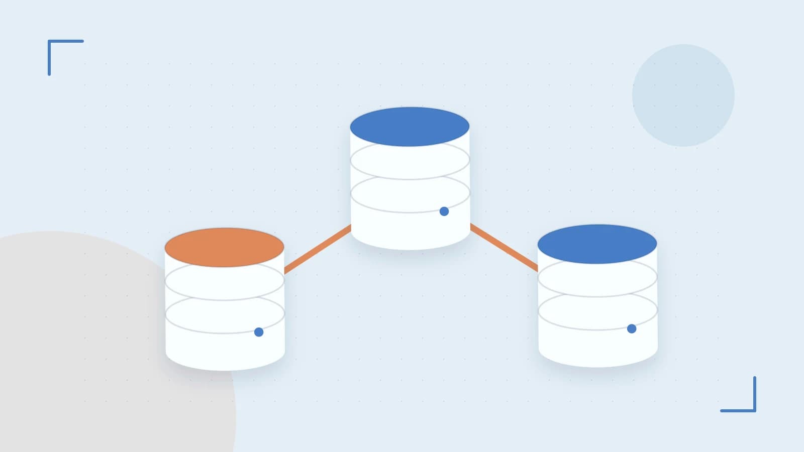 Editorial illustration of structured records, database cylinders and relationships between tables