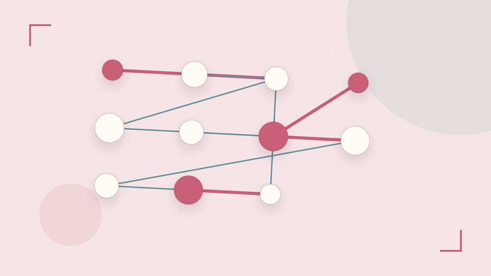 Editorial illustration of an algorithmic node graph with branching paths and a highlighted result