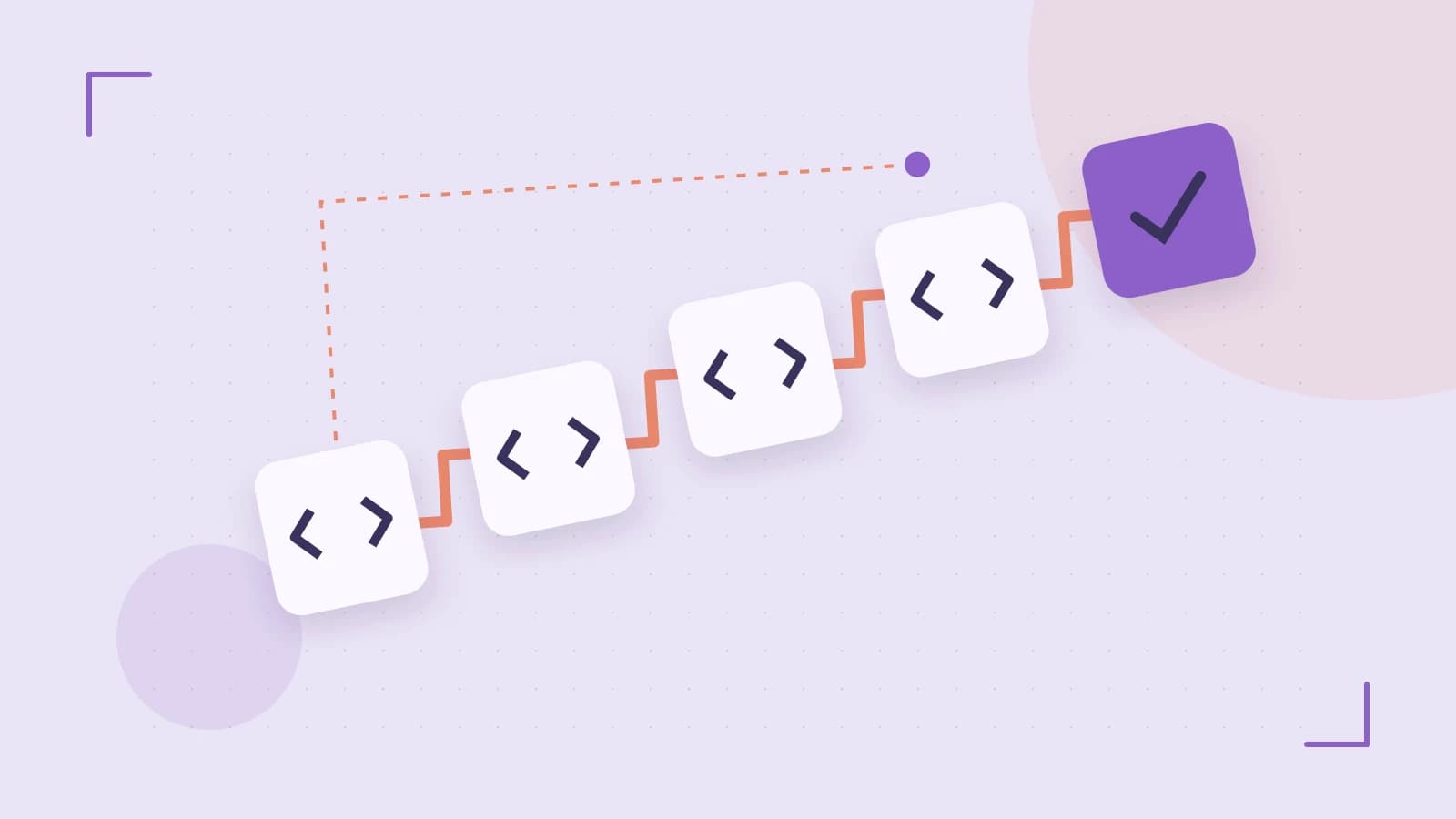 Editorial illustration of a branching build pipeline, staged transformations and a completed check