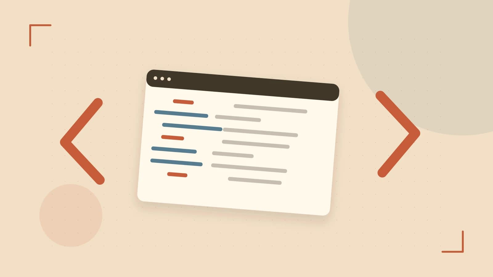 Editorial illustration of an abstract code editor, syntax blocks and oversized programming brackets