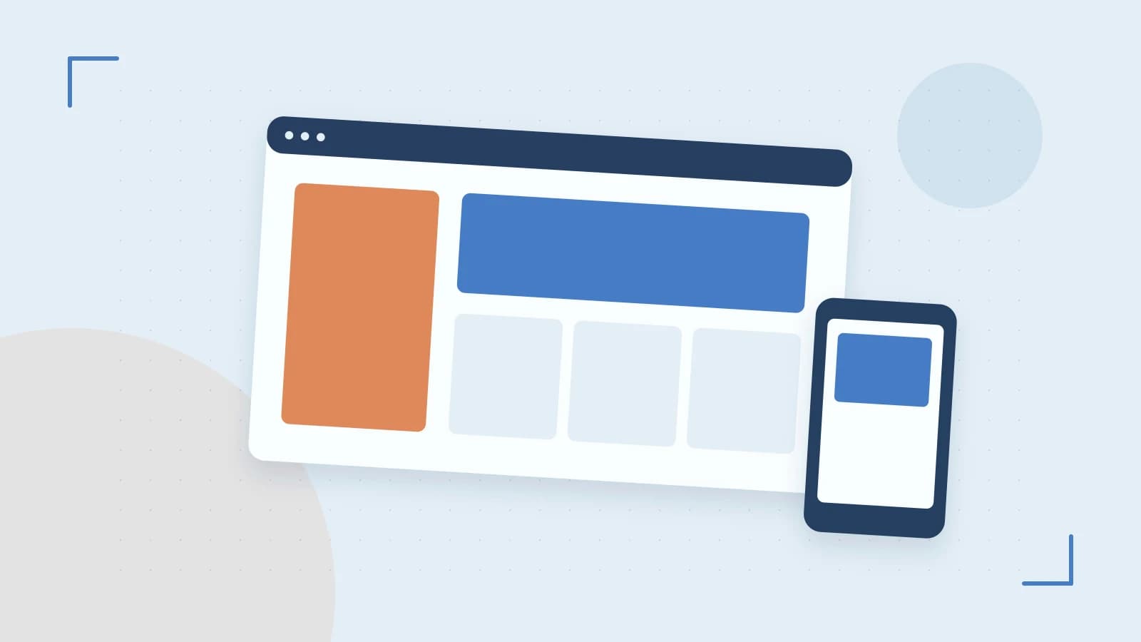 Editorial illustration of responsive browser layouts, overlapping design components and a color system