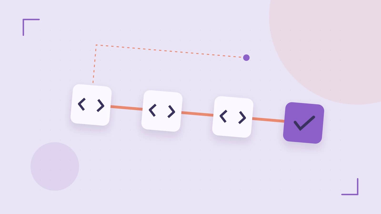Editorial illustration of a branching build pipeline, staged transformations and a completed check
