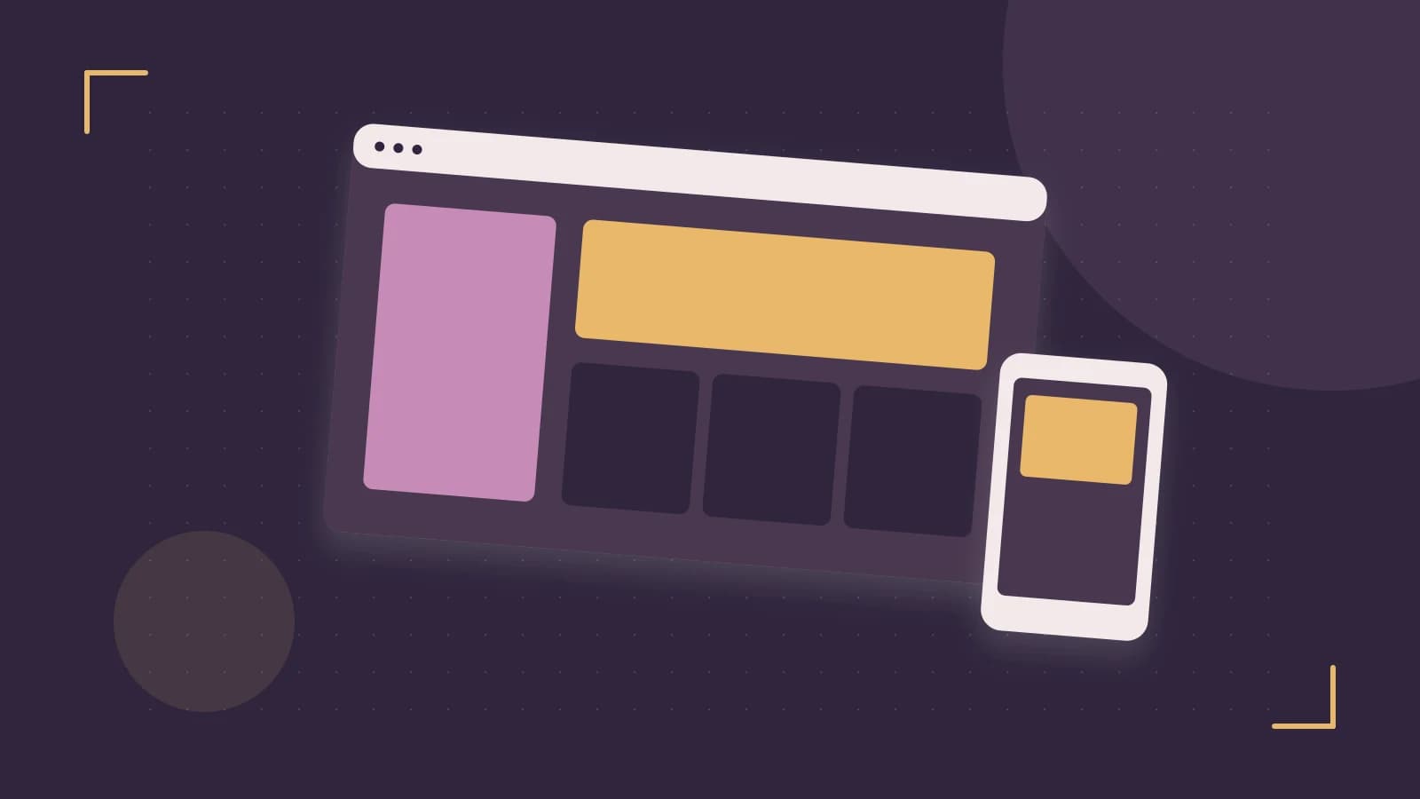 Editorial illustration of responsive browser layouts, overlapping design components and a color system