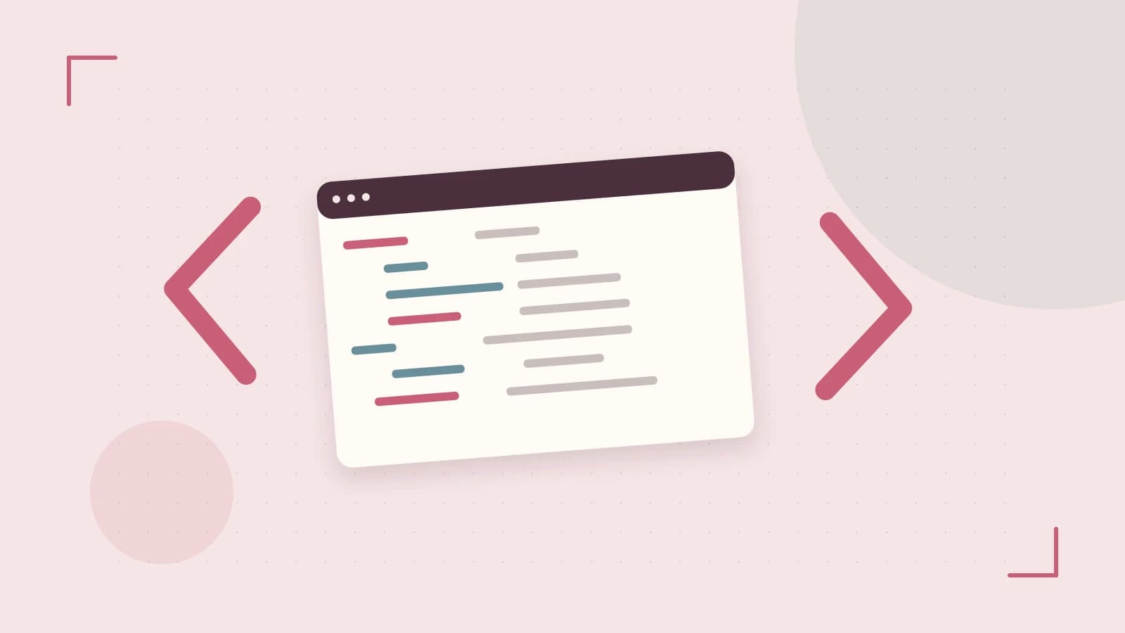 Editorial illustration of an abstract code editor, syntax blocks and oversized programming brackets