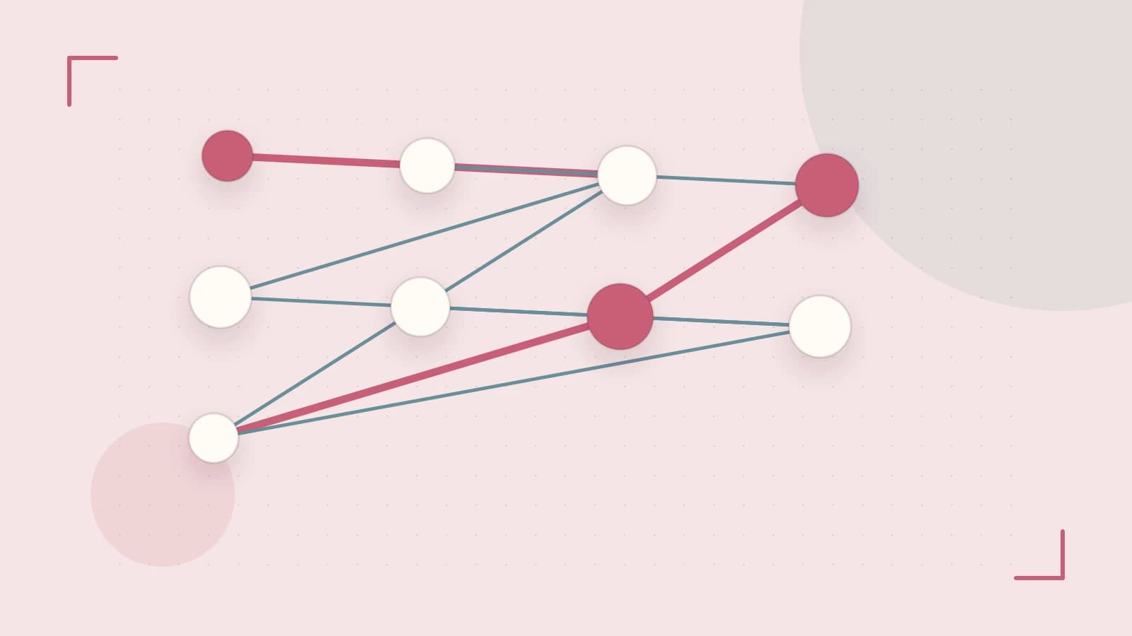 Editorial illustration of an algorithmic node graph with branching paths and a highlighted result