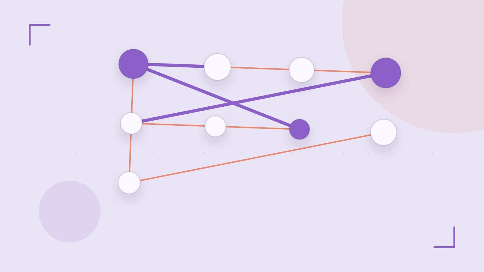 Editorial illustration of an algorithmic node graph with branching paths and a highlighted result
