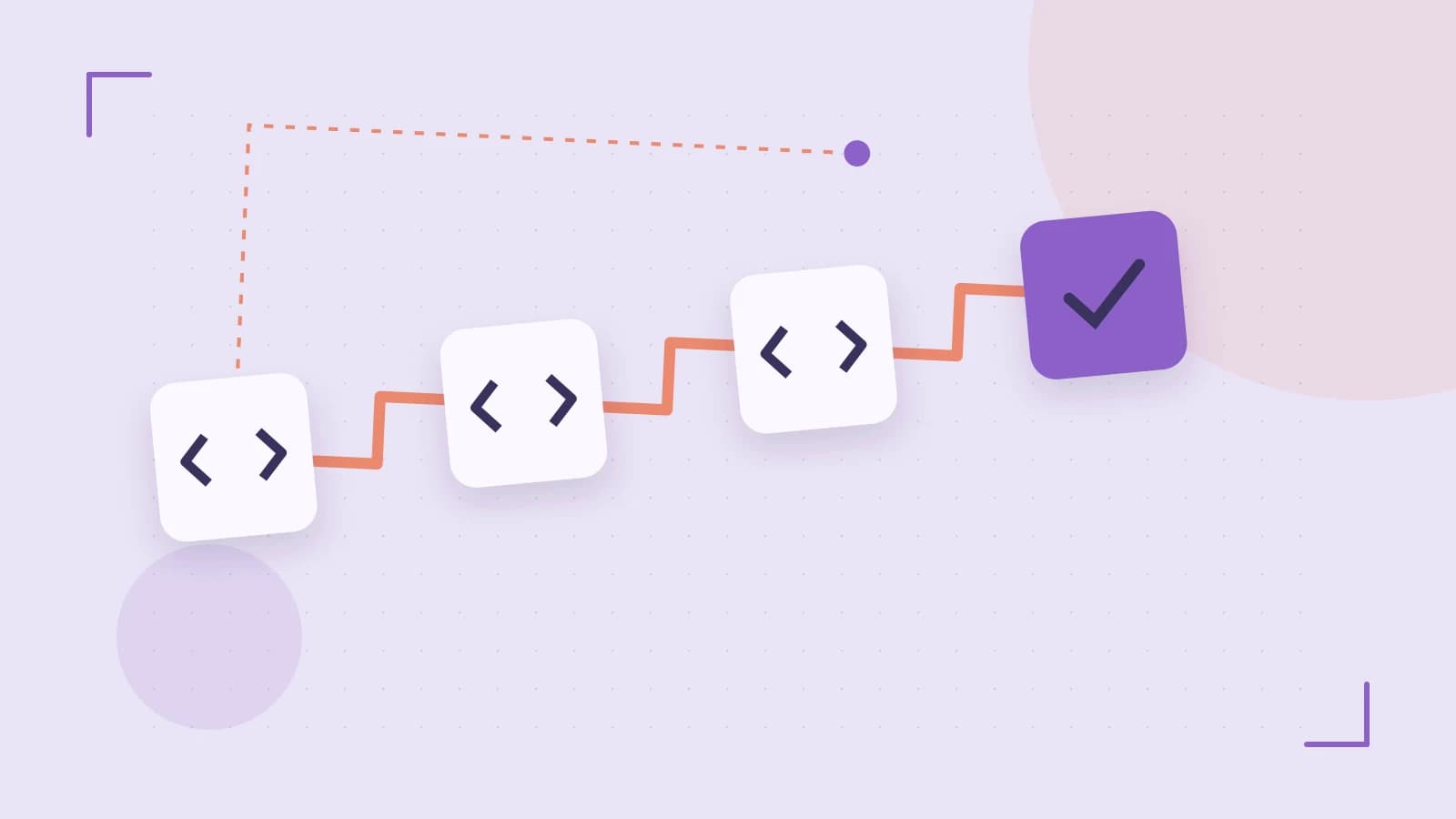 Editorial illustration of a branching build pipeline, staged transformations and a completed check