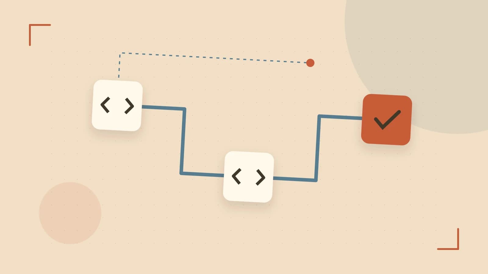 Editorial illustration of a branching build pipeline, staged transformations and a completed check