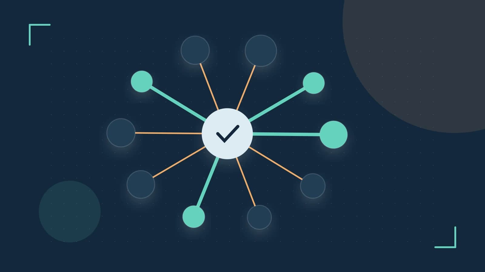 Editorial illustration of an algorithmic node graph with branching paths and a highlighted result