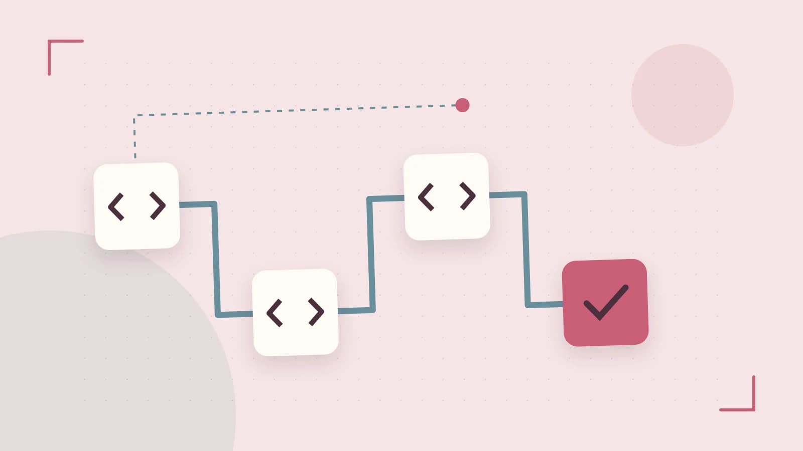 Editorial illustration of a branching build pipeline, staged transformations and a completed check