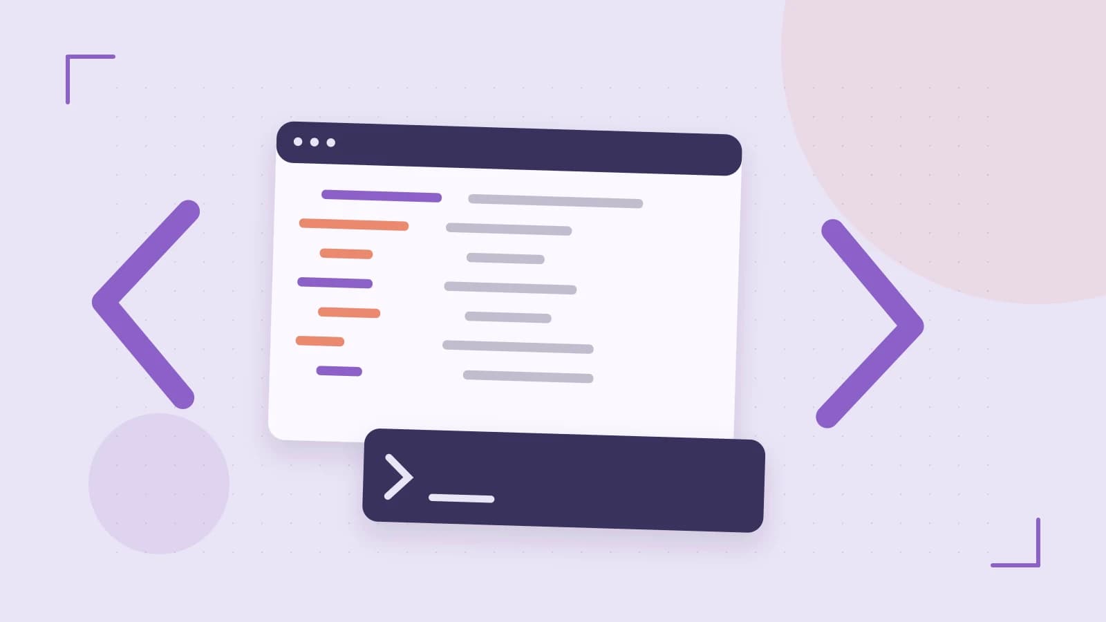 Editorial illustration of an abstract code editor, syntax blocks and oversized programming brackets
