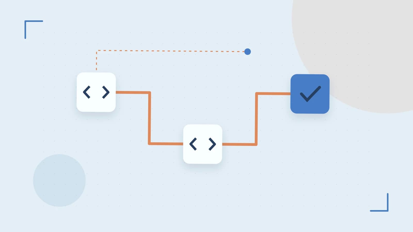 Editorial illustration of a branching build pipeline, staged transformations and a completed check