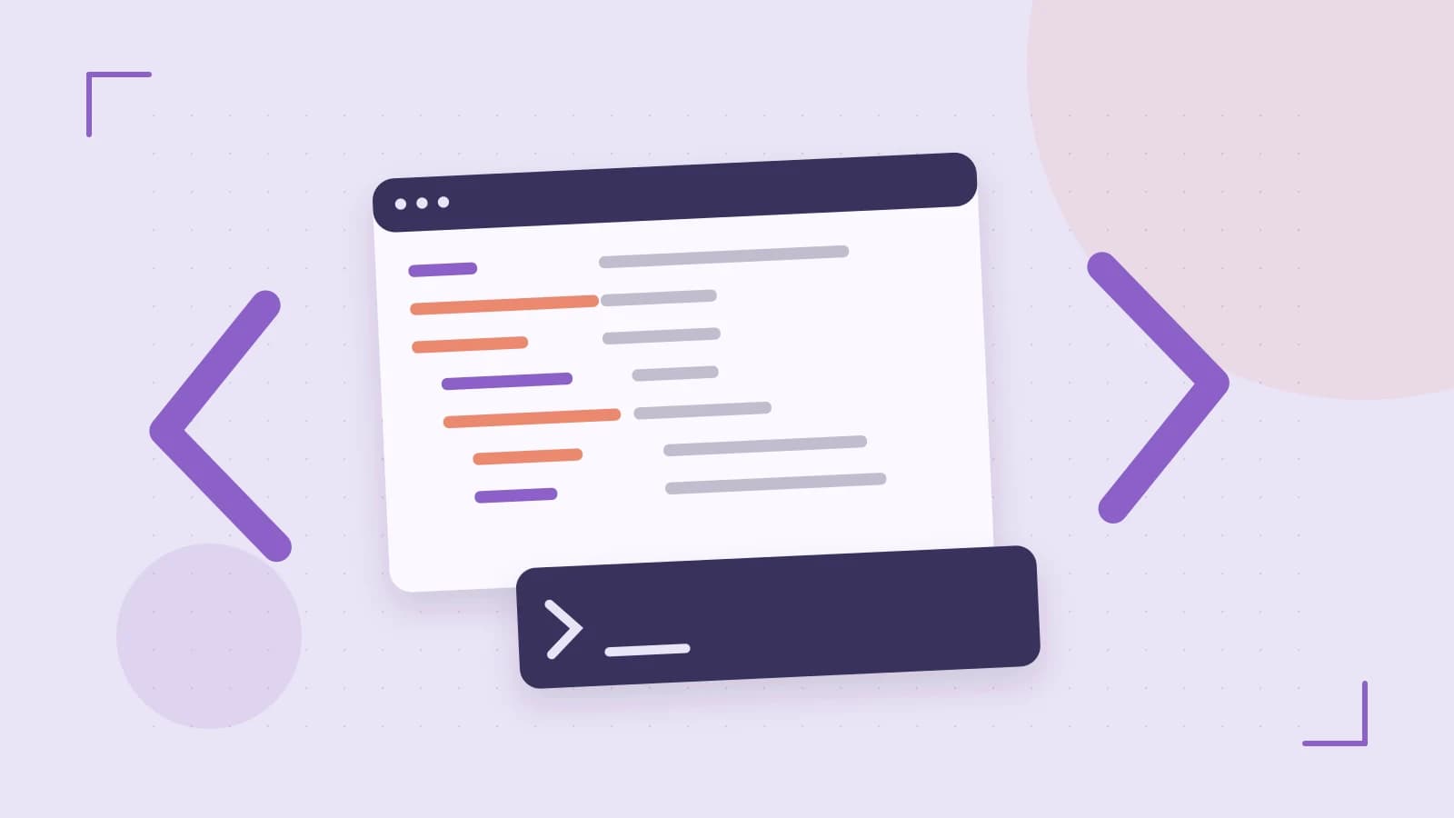 Editorial illustration of an abstract code editor, syntax blocks and oversized programming brackets