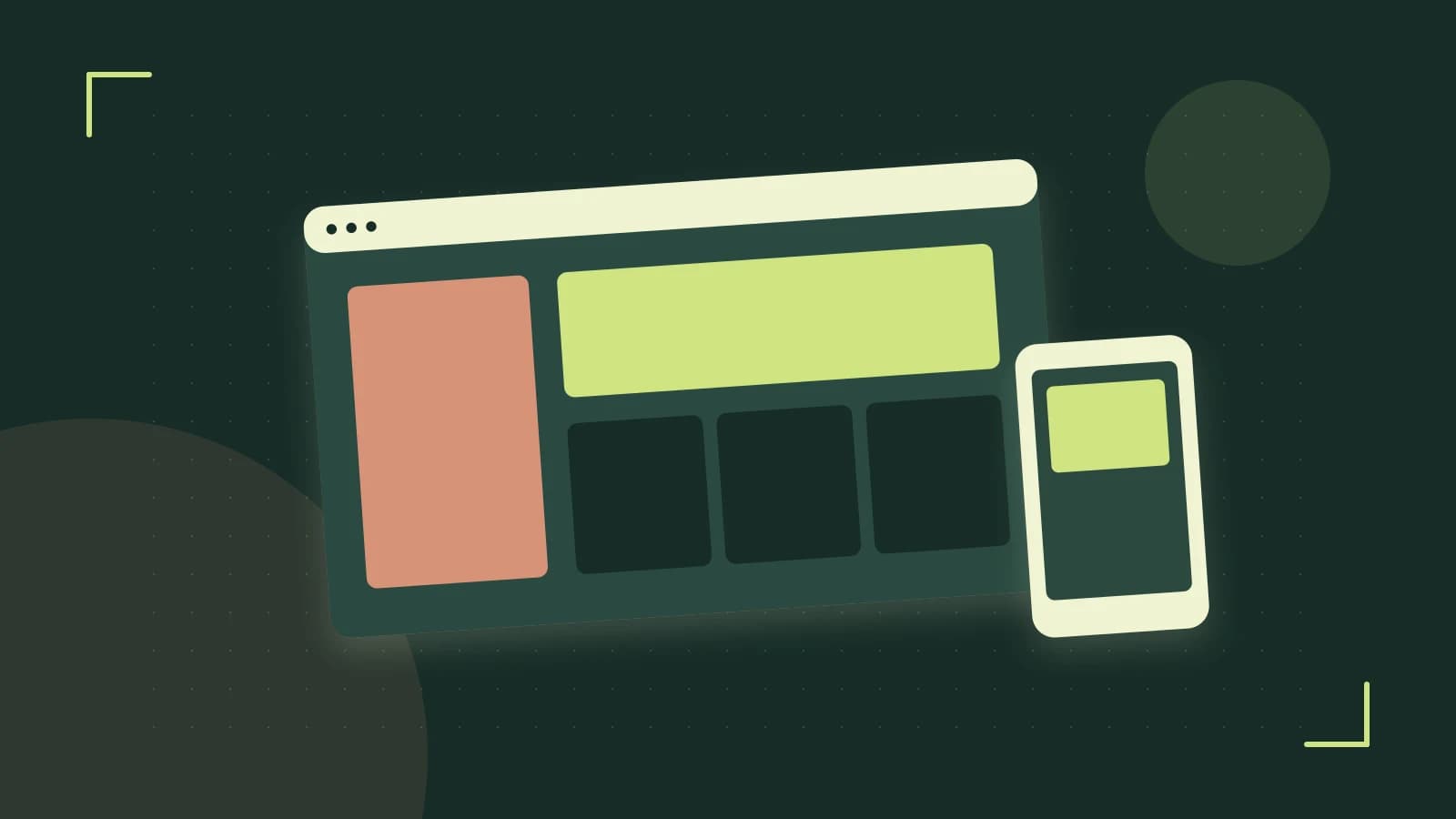 Editorial illustration of responsive browser layouts, overlapping design components and a color system