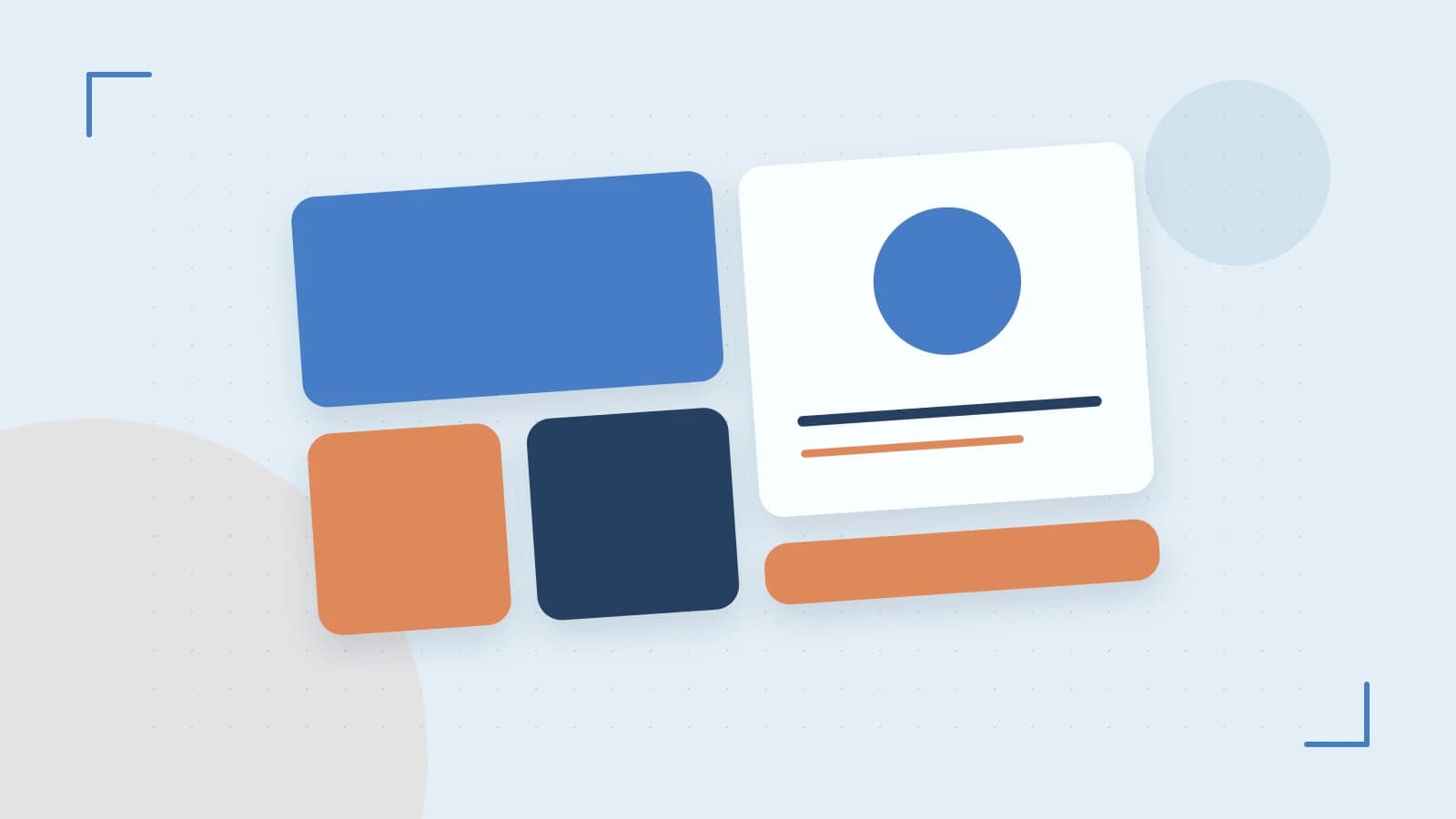 Editorial illustration of responsive browser layouts, overlapping design components and a color system