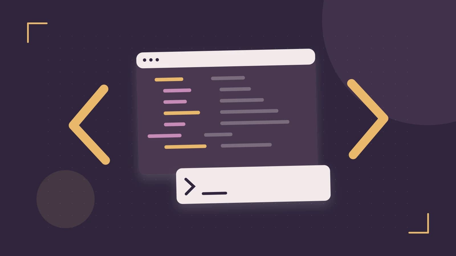Editorial illustration of an abstract code editor, syntax blocks and oversized programming brackets