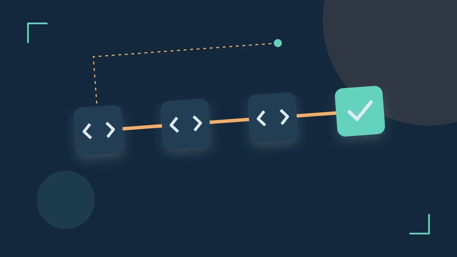 Editorial illustration of a branching build pipeline, staged transformations and a completed check