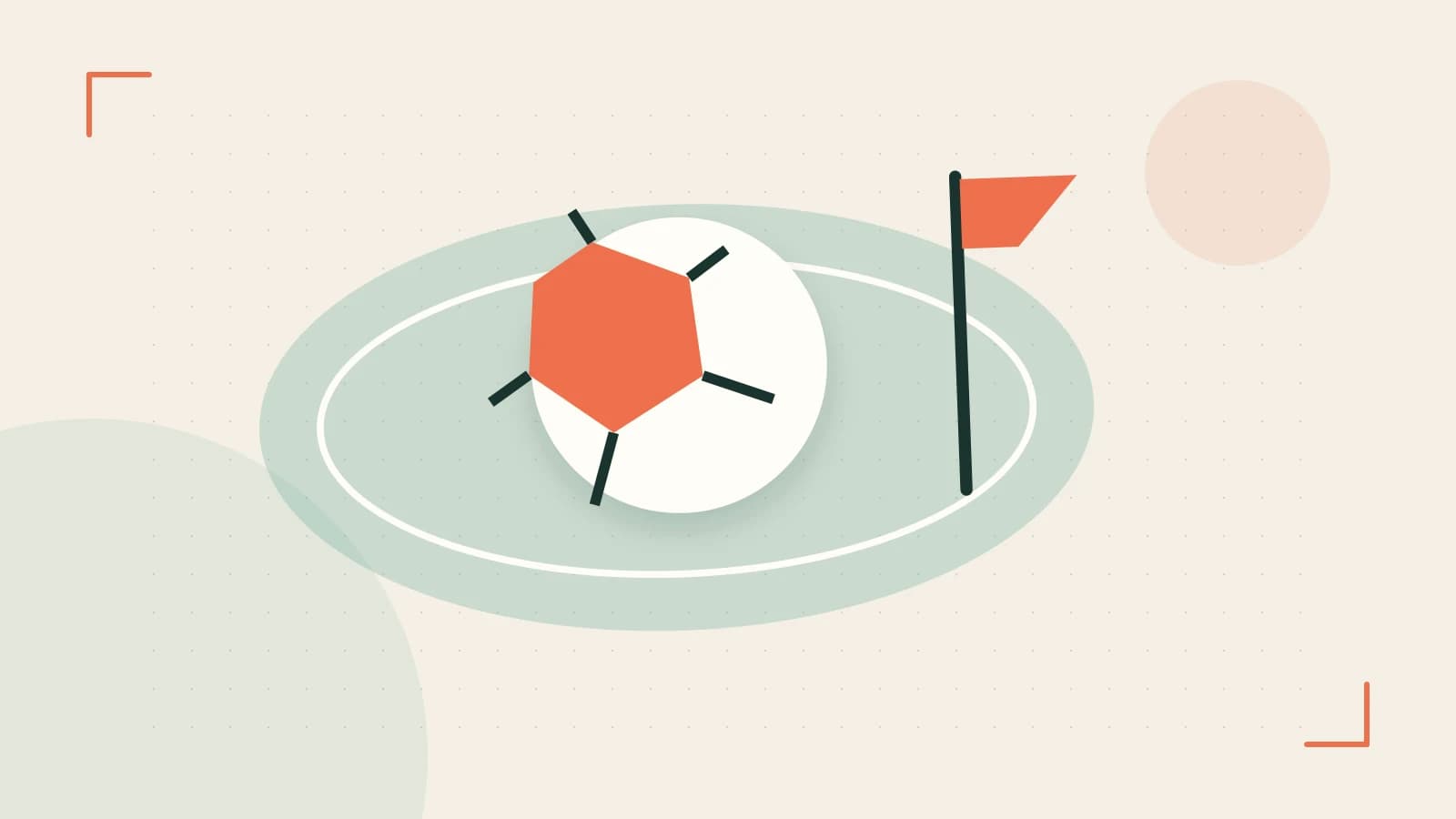 Editorial illustration of a stylized sports ball, stadium geometry and dynamic arcs
