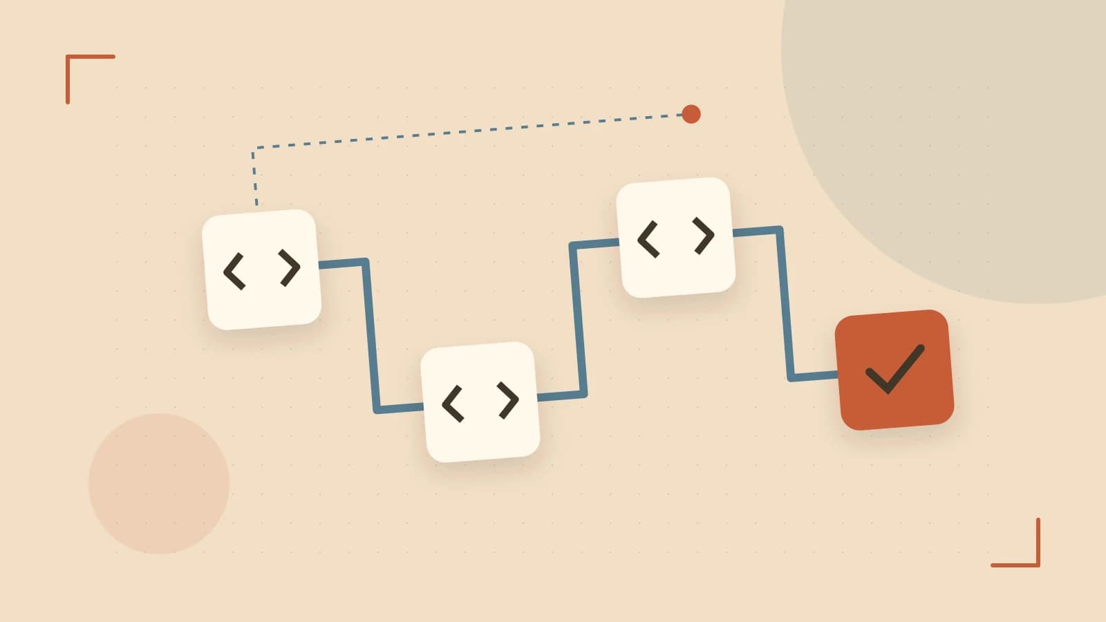Editorial illustration of a branching build pipeline, staged transformations and a completed check
