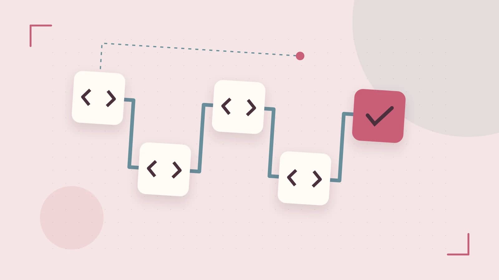 Editorial illustration of a branching build pipeline, staged transformations and a completed check