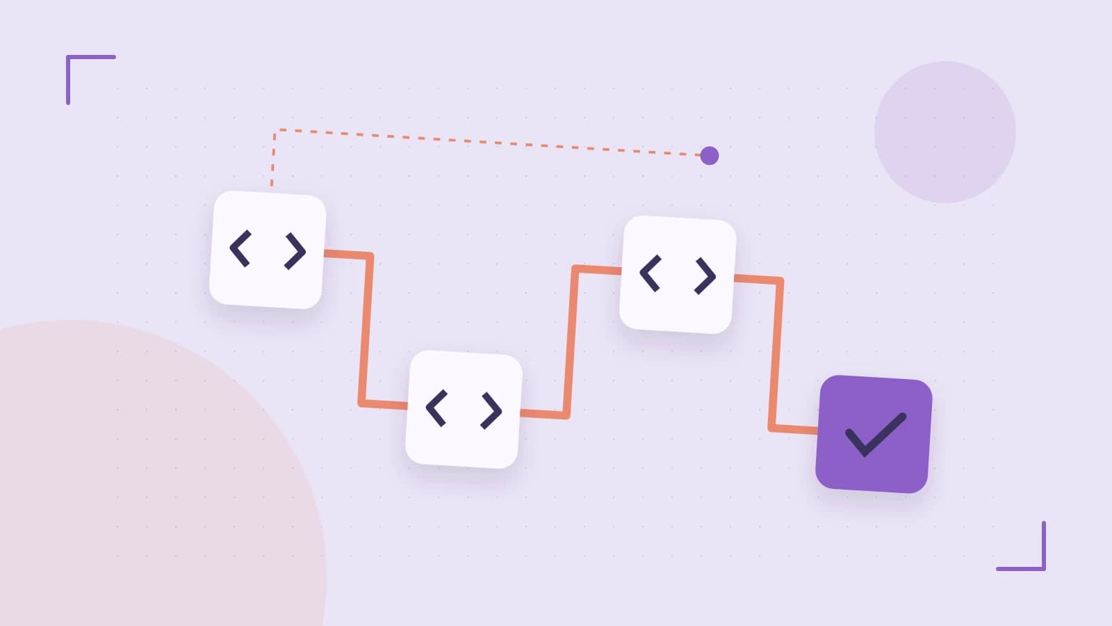 Editorial illustration of a branching build pipeline, staged transformations and a completed check