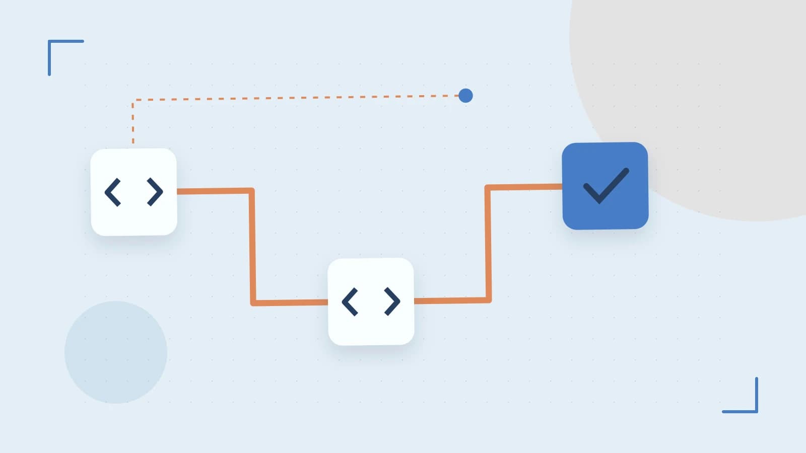 Editorial illustration of a branching build pipeline, staged transformations and a completed check