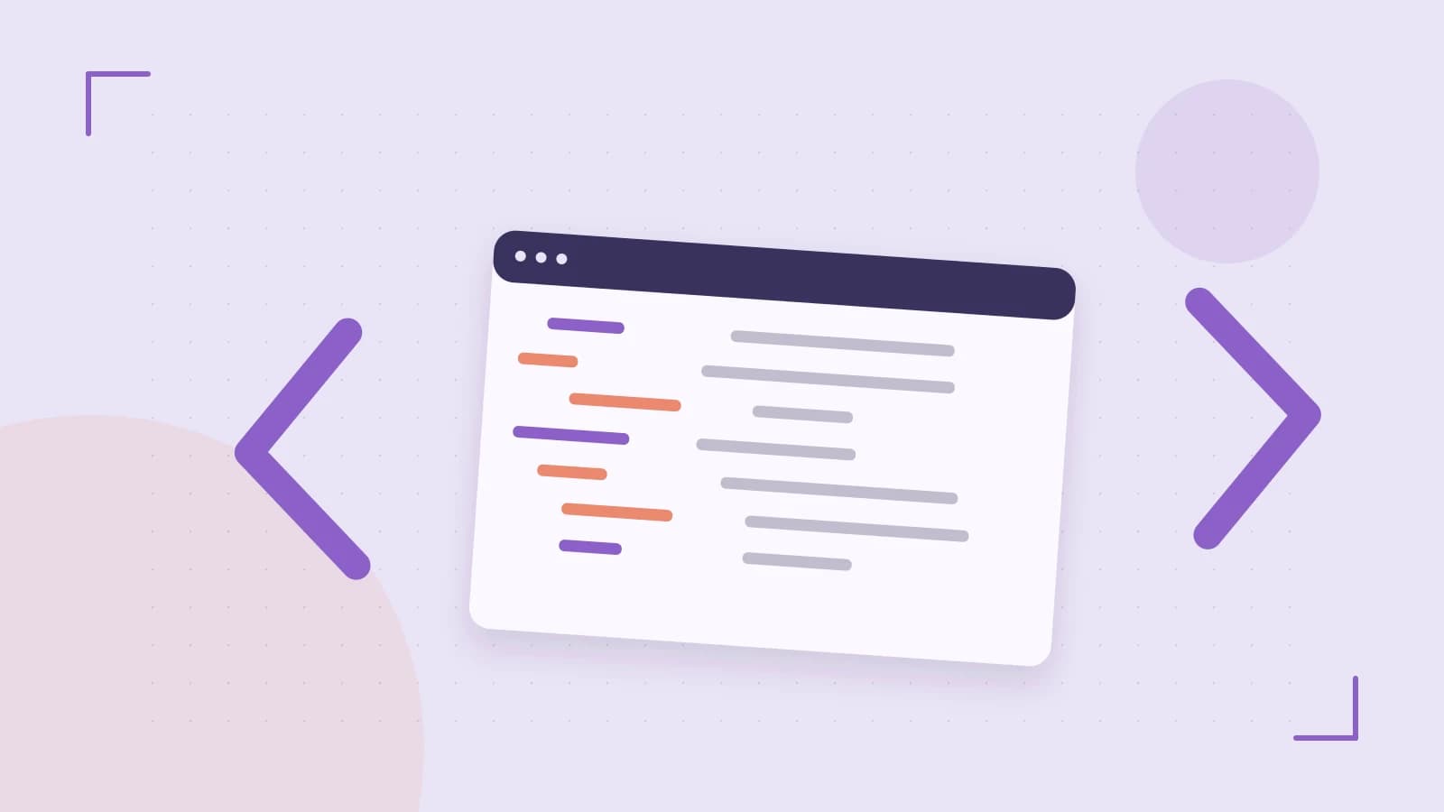 Editorial illustration of an abstract code editor, syntax blocks and oversized programming brackets