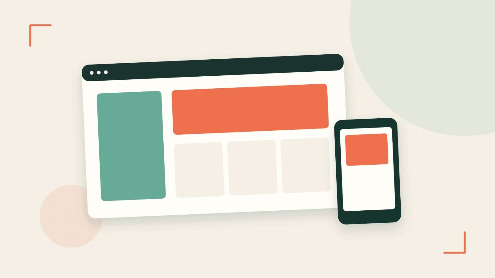 Editorial illustration of responsive browser layouts, overlapping design components and a color system