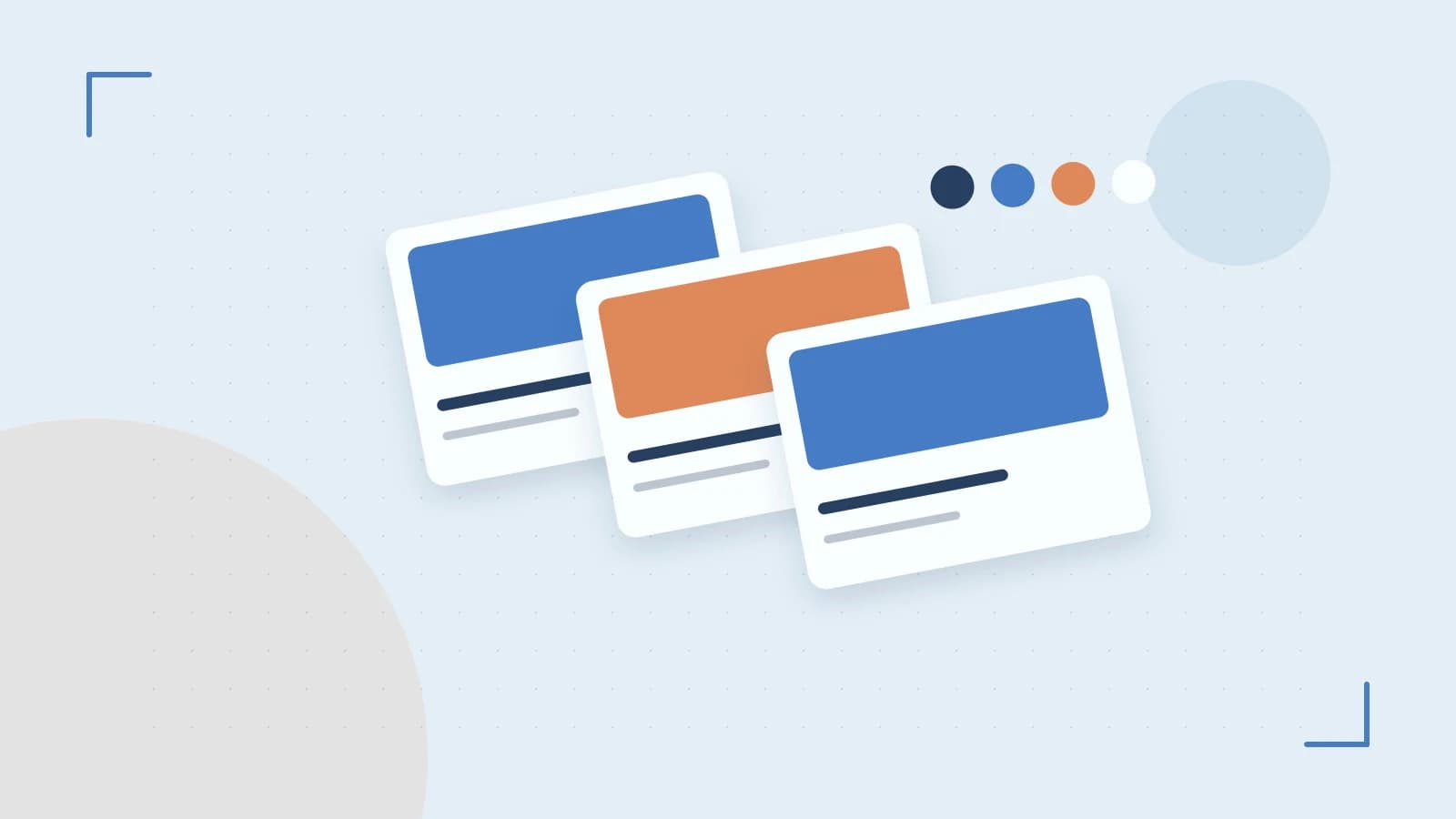 Editorial illustration of responsive browser layouts, overlapping design components and a color system