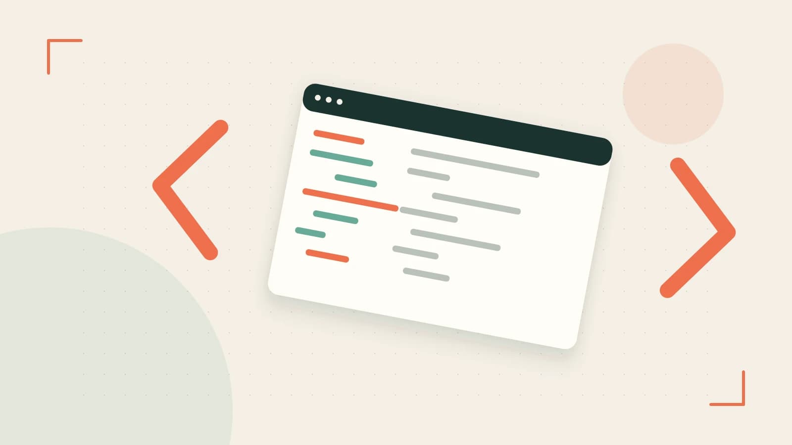 Editorial illustration of an abstract code editor, syntax blocks and oversized programming brackets