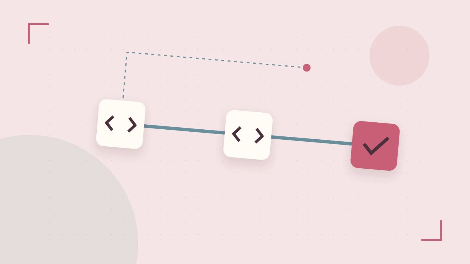 Editorial illustration of a branching build pipeline, staged transformations and a completed check