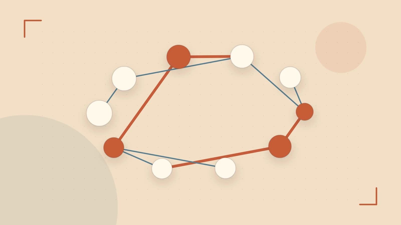 Editorial illustration of an algorithmic node graph with branching paths and a highlighted result