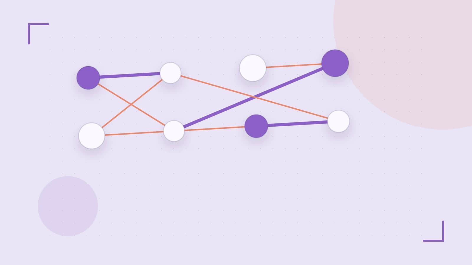 Editorial illustration of an algorithmic node graph with branching paths and a highlighted result