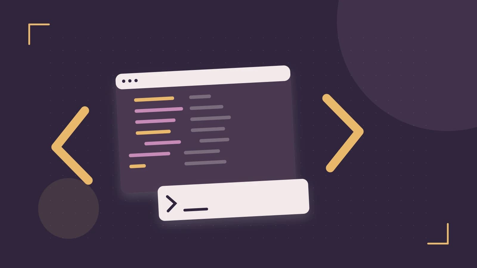 Editorial illustration of an abstract code editor, syntax blocks and oversized programming brackets