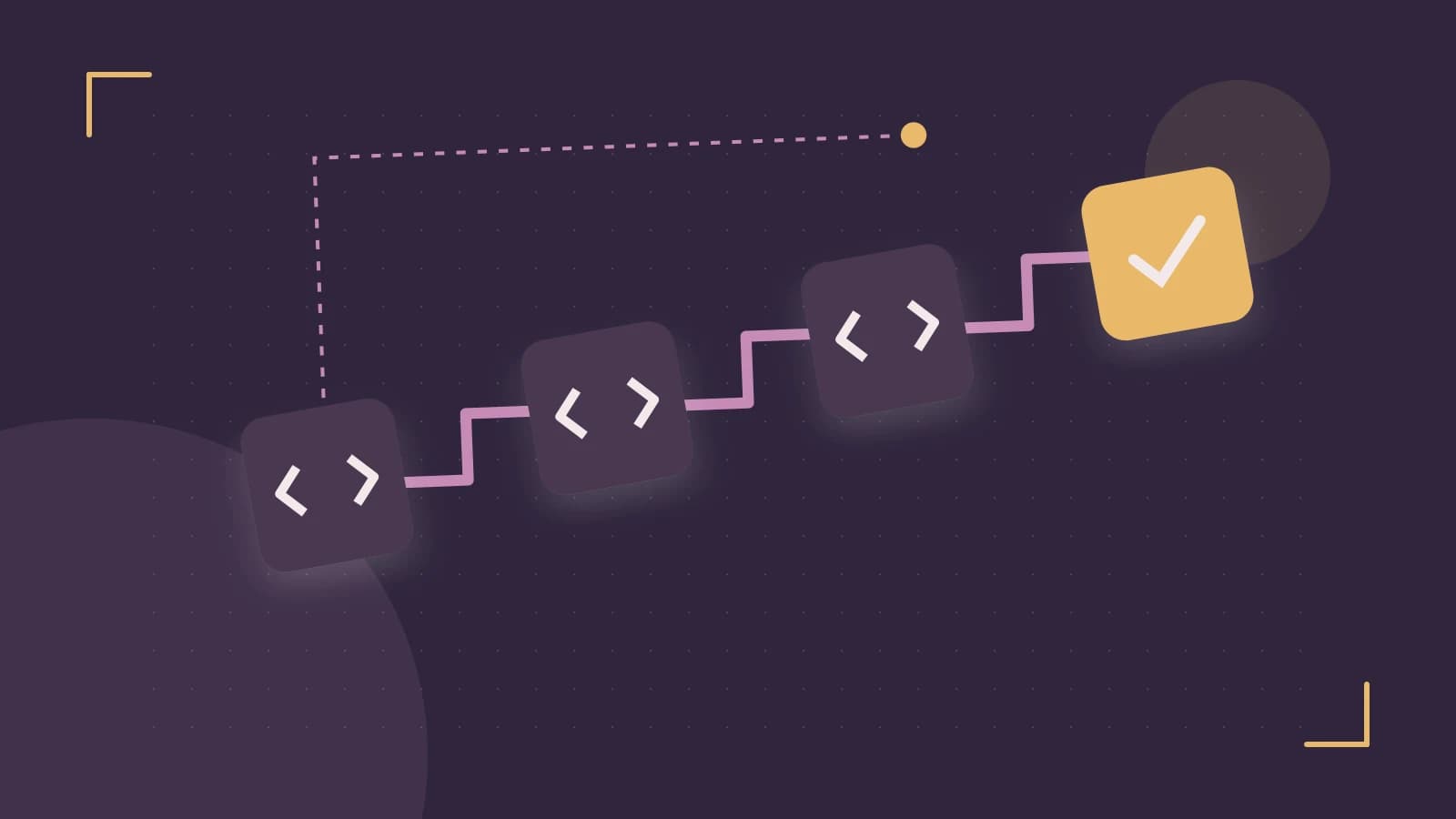 Editorial illustration of a branching build pipeline, staged transformations and a completed check