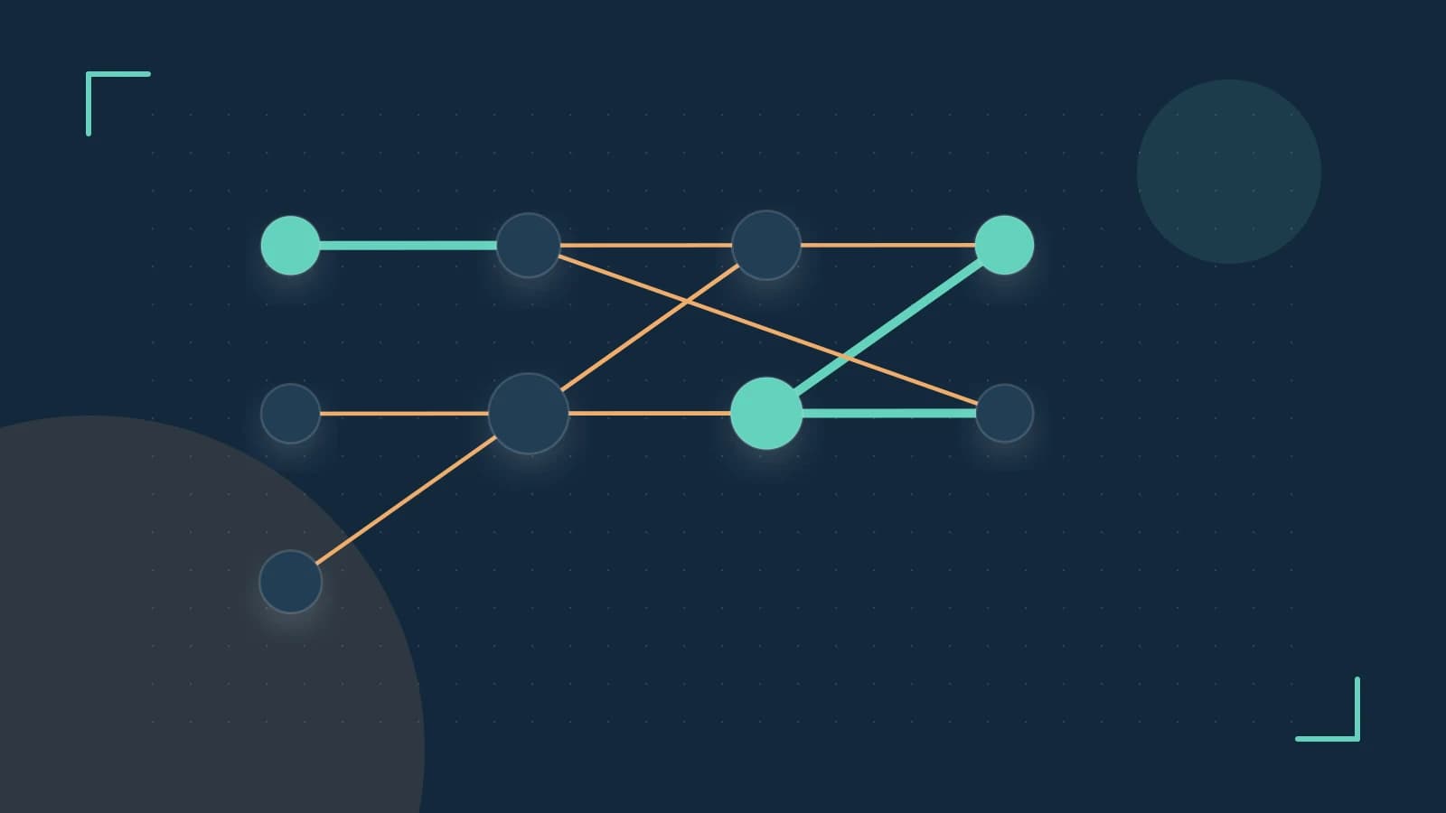 Editorial illustration of an algorithmic node graph with branching paths and a highlighted result