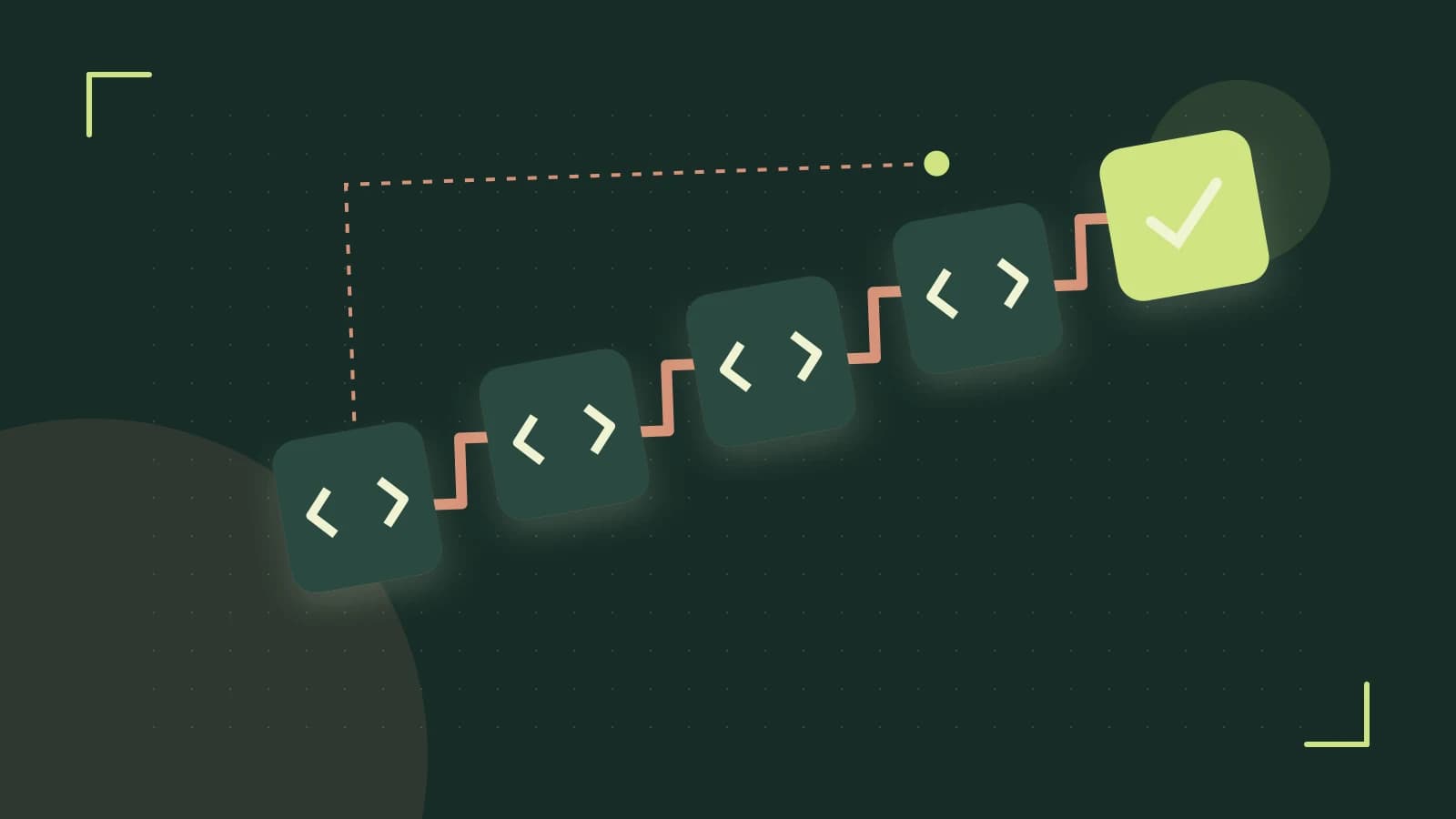 Editorial illustration of a branching build pipeline, staged transformations and a completed check