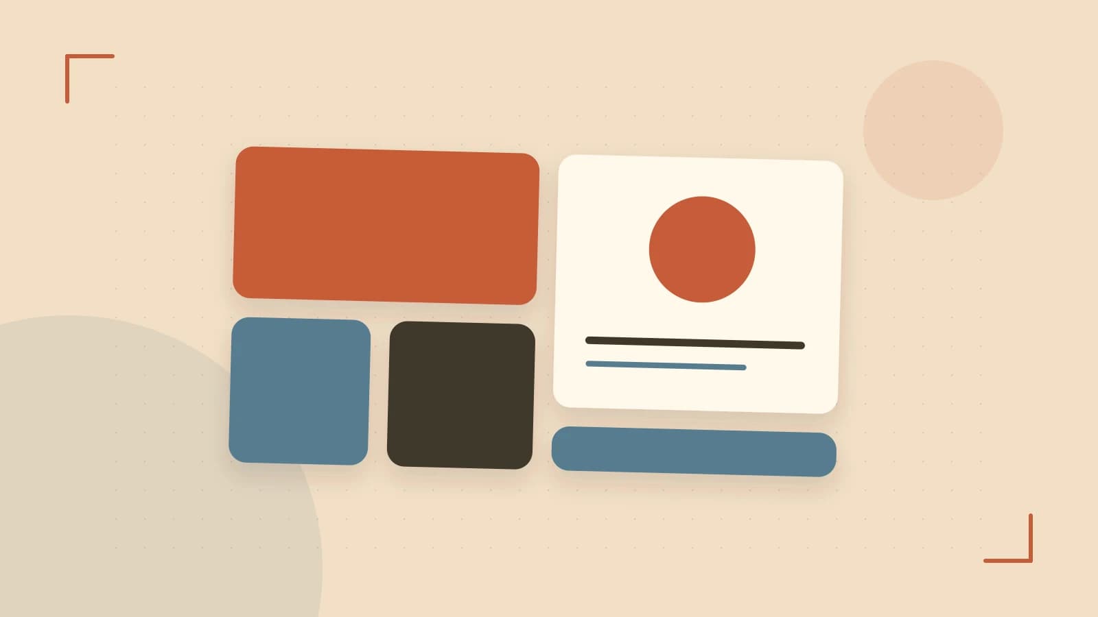 Editorial illustration of responsive browser layouts, overlapping design components and a color system