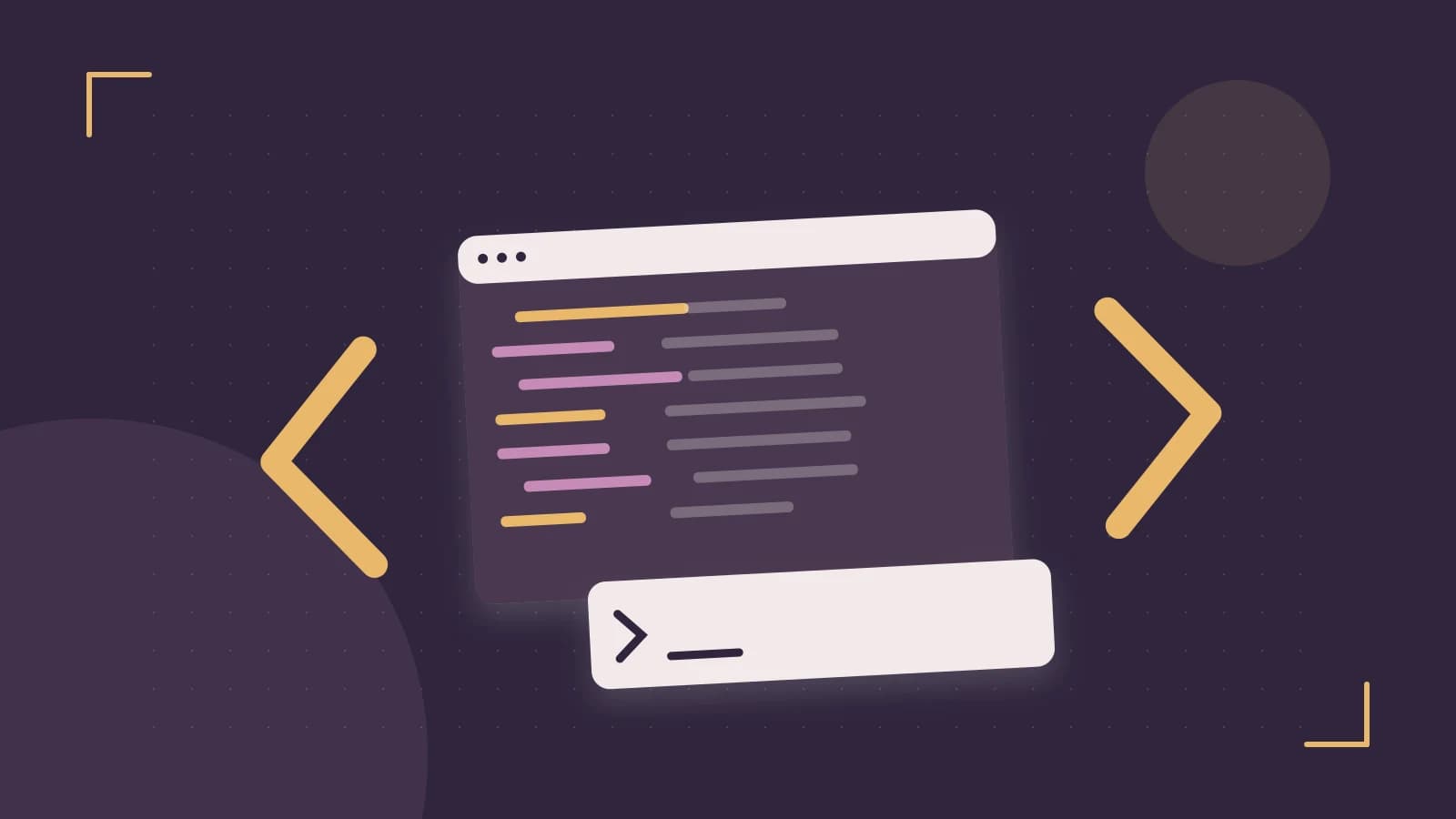 Editorial illustration of an abstract code editor, syntax blocks and oversized programming brackets
