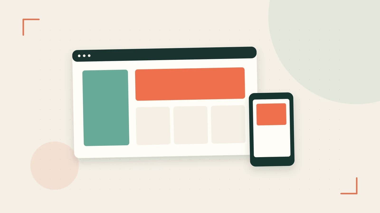Editorial illustration of responsive browser layouts, overlapping design components and a color system