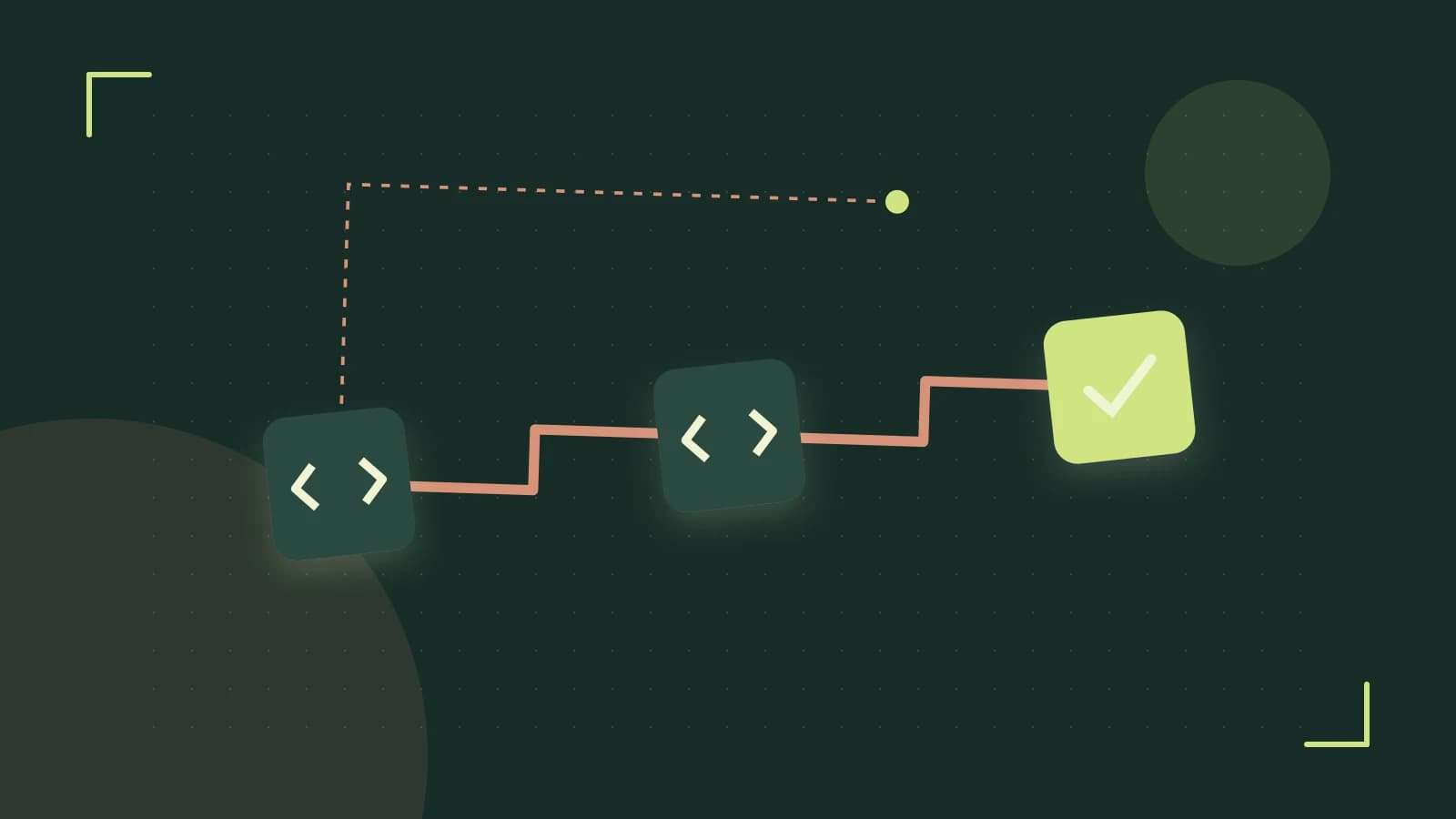 Editorial illustration of a branching build pipeline, staged transformations and a completed check